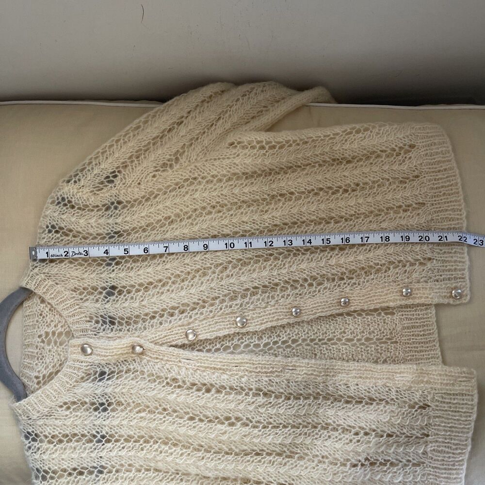 Vintage 50’s 60’s Mohair Wool Open Knit Cardigan Sweater Cream M - Picture 5 of 7